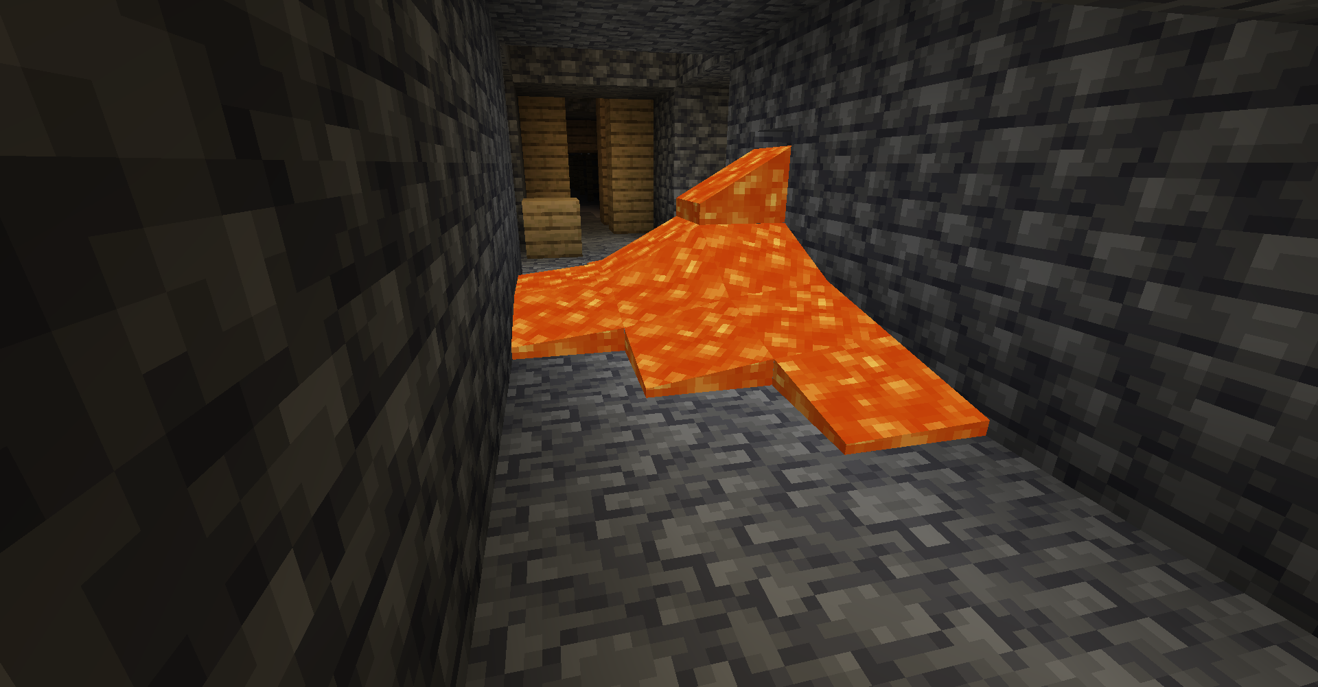 Minecraft gameplay screenshot showing lava flowing through a stone mineshaft with wooden supports.